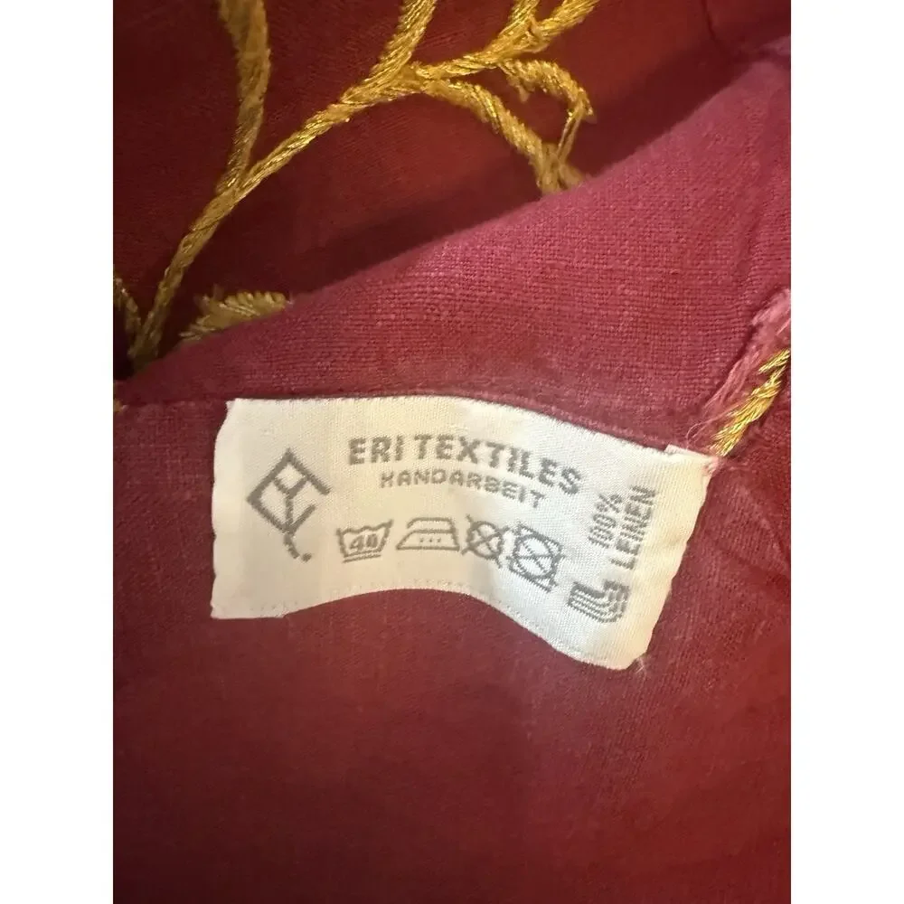 Vintage Linen Embroidered Bedspread 105x172 Red Gold Floral Handmade